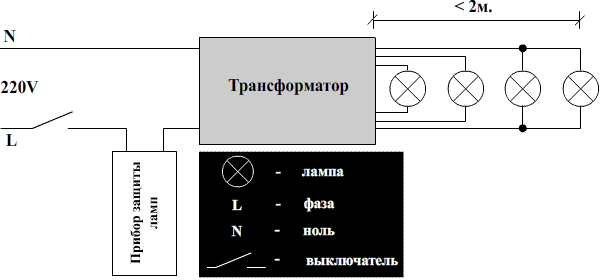 схема подключения точечных светильников с трансформатором